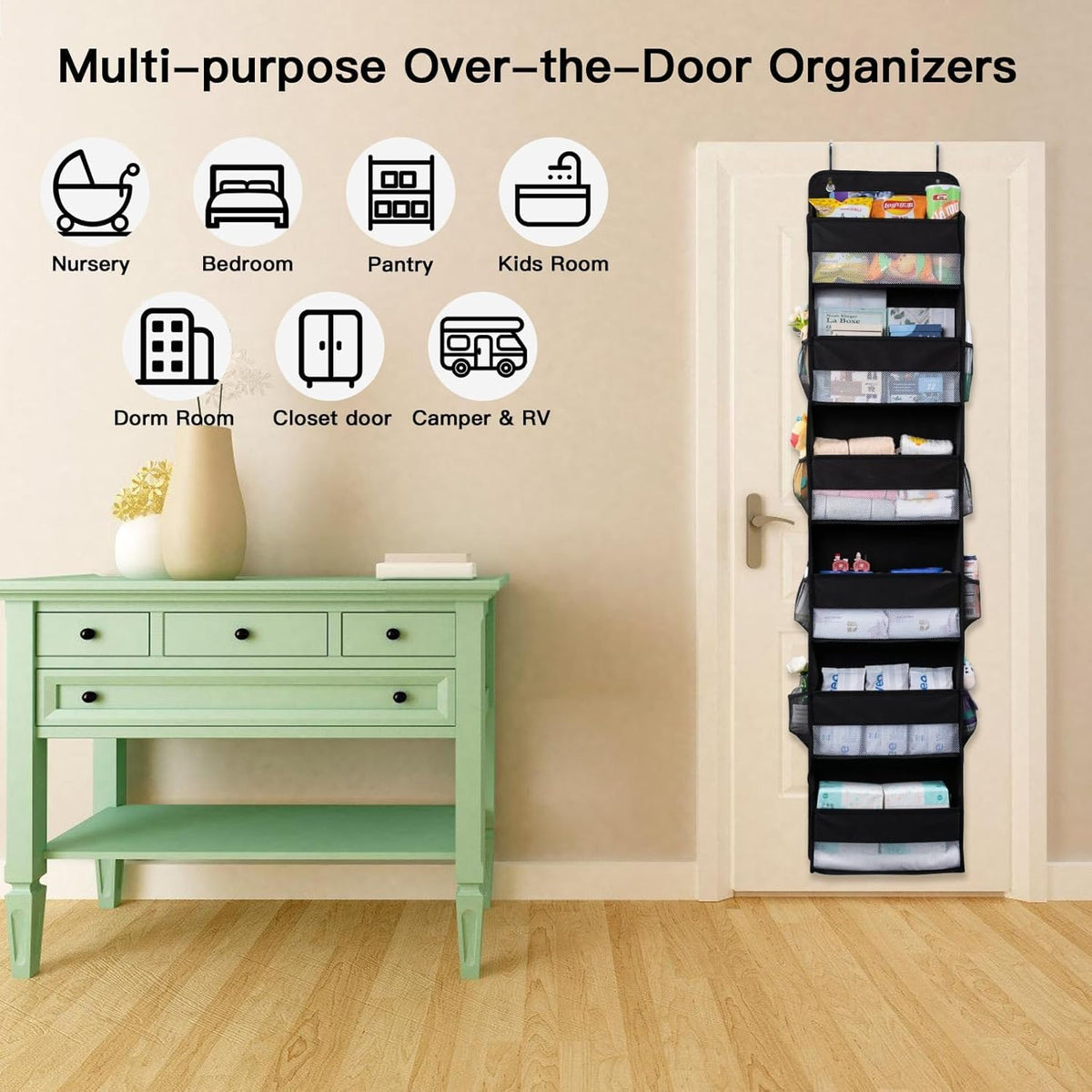 Premium Over The Door Organizer 6 Large Pockets, 150D Extra Thick,50 lbs Hanging Organizer Storage, Behind Door Closet Organizer and Storage for Nursery, Bedroom, Bathroom, Black
