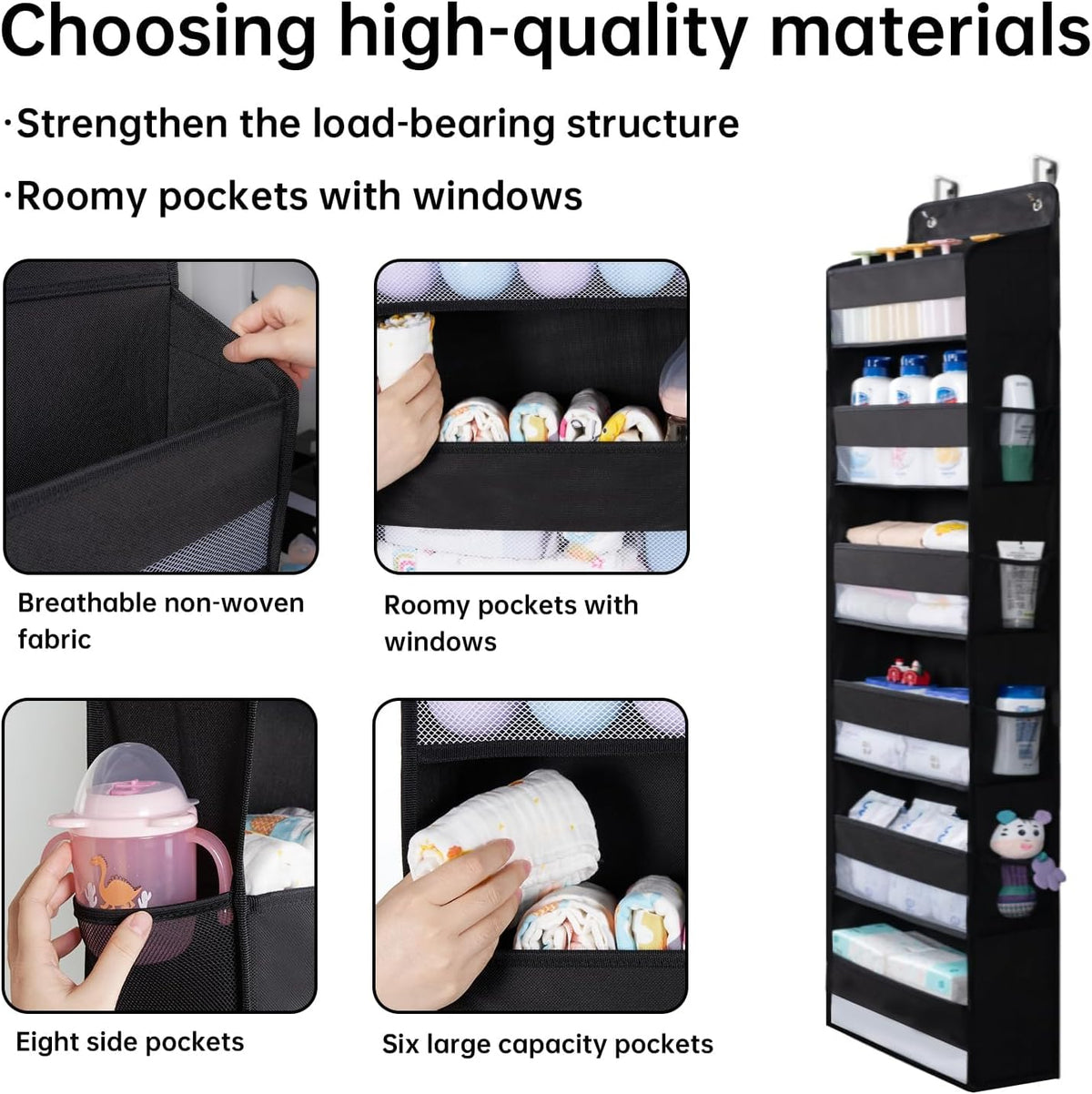 Premium Over The Door Organizer 6 Large Pockets, 150D Extra Thick,50 lbs Hanging Organizer Storage, Behind Door Closet Organizer and Storage for Nursery, Bedroom, Bathroom, Black