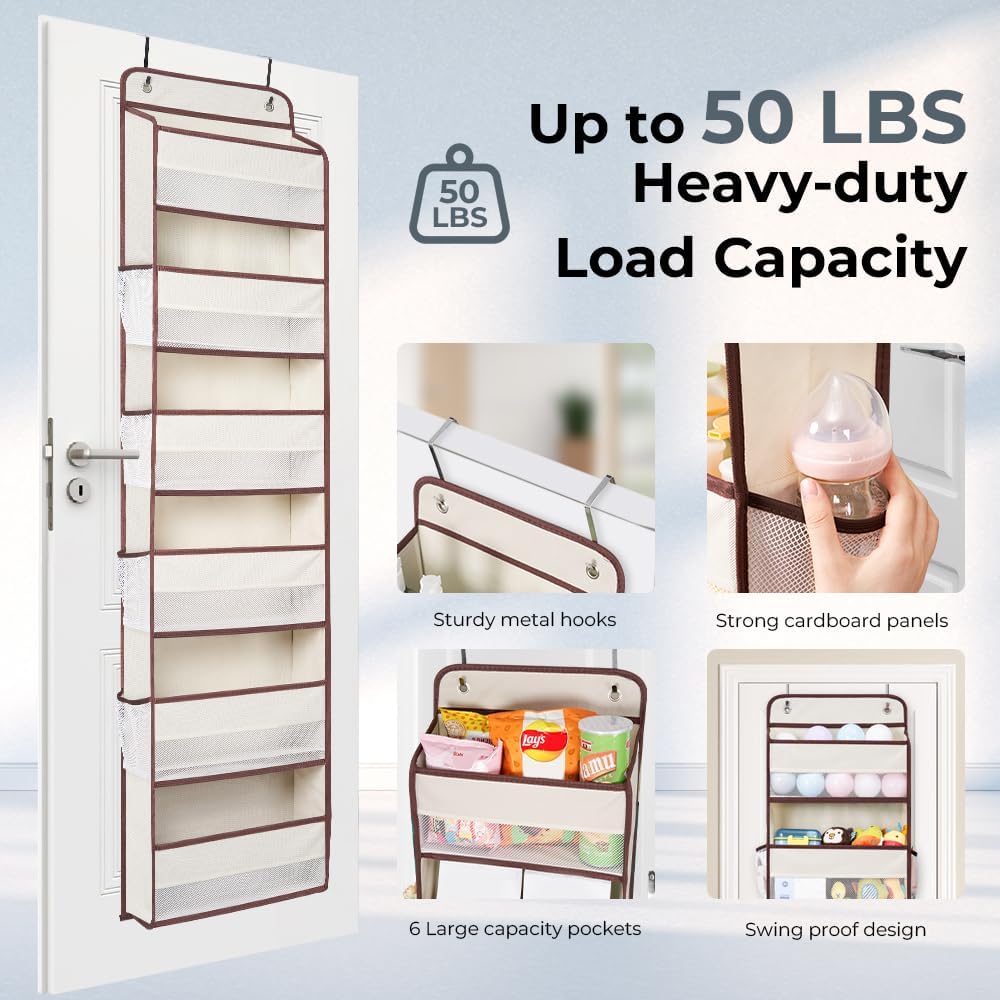 Premium Over The Door Organizer 6 Large Pockets, 150D Extra Thick,50 lbs Hanging Organizer Storage, Behind Door Closet Organizer and Storage for Nursery, Bedroom, Bathroom, Black