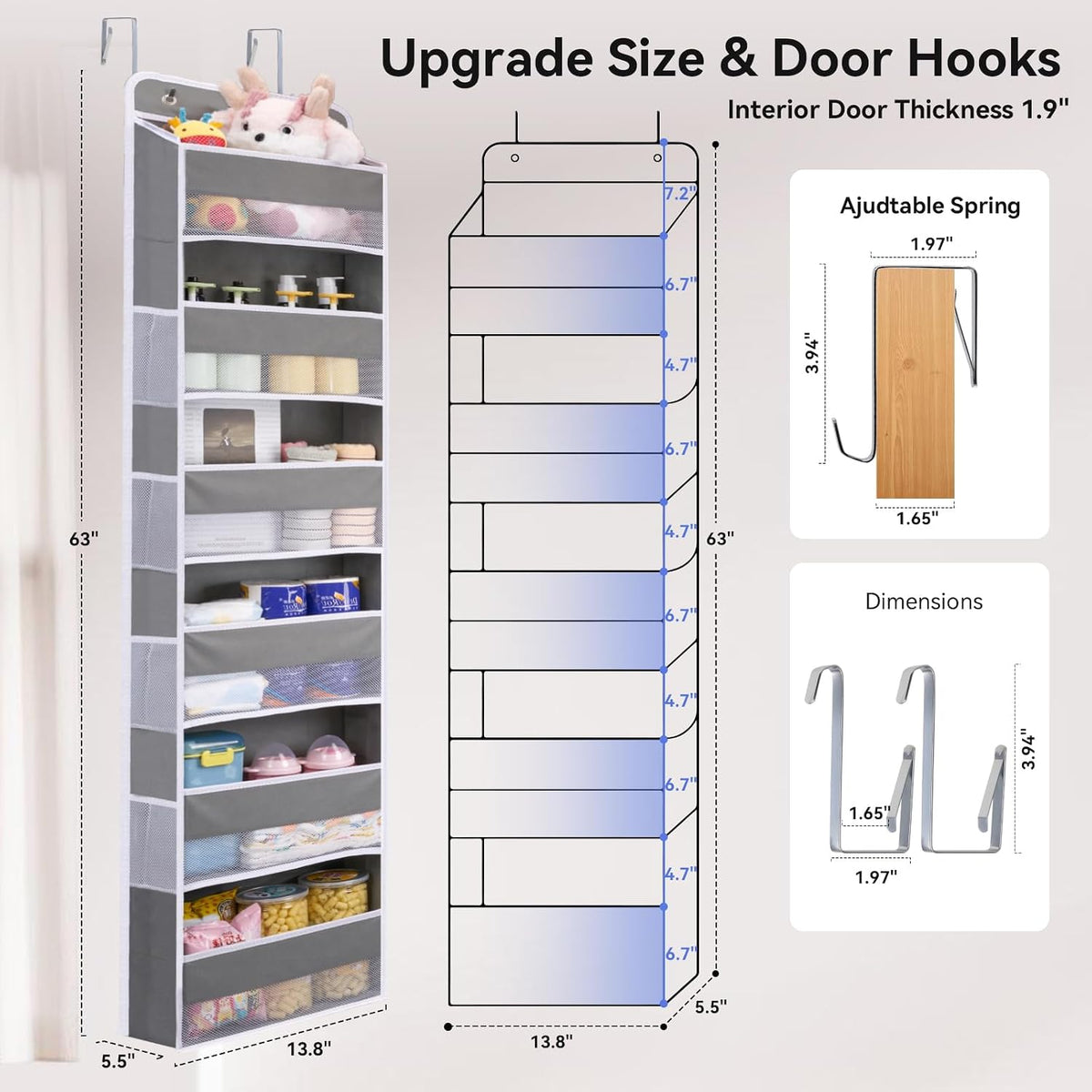 Premium Over The Door Organizer 6 Large Pockets, 150D Extra Thick,50 lbs Hanging Organizer Storage, Behind Door Closet Organizer and Storage for Nursery, Bedroom, Bathroom, Black