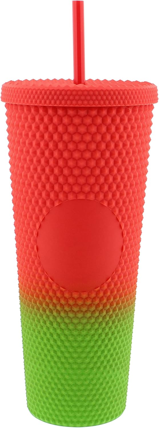 24 oz Tumbler with Lid and Straw - Matte Red to Green Studded Iced Coffee Cup Water Bottle with Straw