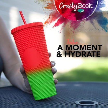 24 oz Tumbler with Lid and Straw - Matte Red to Green Studded Iced Coffee Cup Water Bottle with Straw