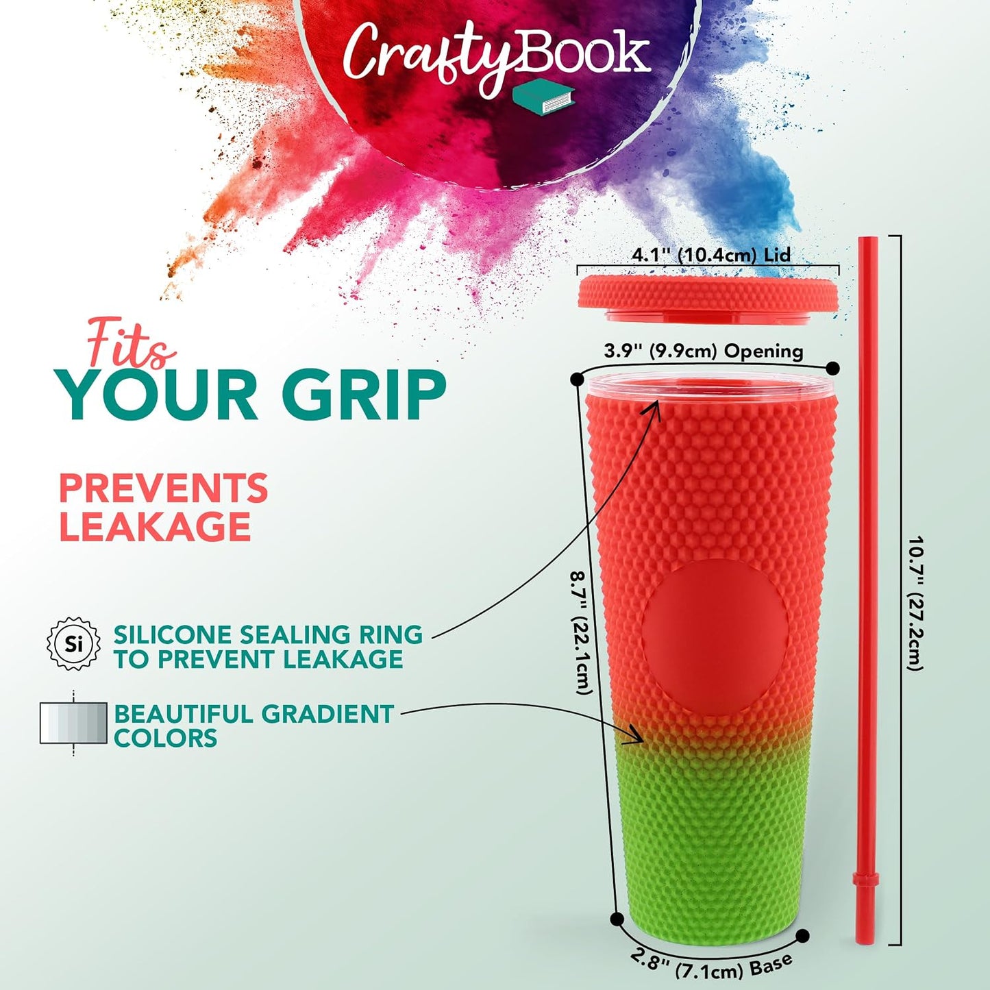 24 oz Tumbler with Lid and Straw - Matte Red to Green Studded Iced Coffee Cup Water Bottle with Straw