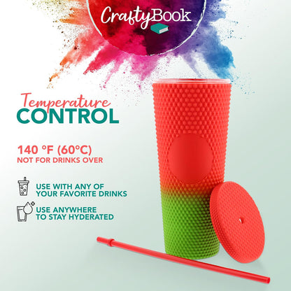 24 oz Tumbler with Lid and Straw - Matte Red to Green Studded Iced Coffee Cup Water Bottle with Straw
