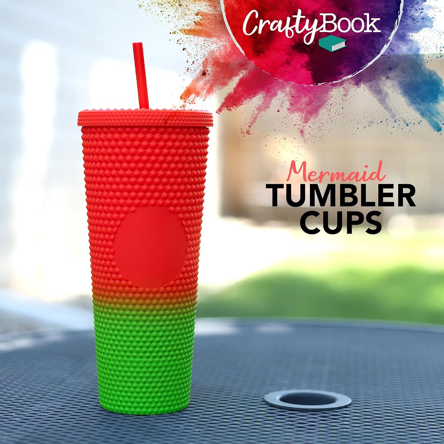 24 oz Tumbler with Lid and Straw - Matte Red to Green Studded Iced Coffee Cup Water Bottle with Straw