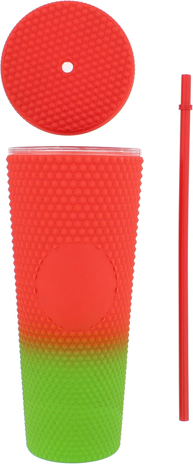 24 oz Tumbler with Lid and Straw - Matte Red to Green Studded Iced Coffee Cup Water Bottle with Straw