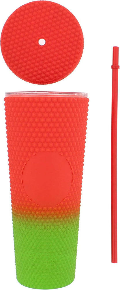 24 oz Tumbler with Lid and Straw - Matte Red to Green Studded Iced Coffee Cup Water Bottle with Straw