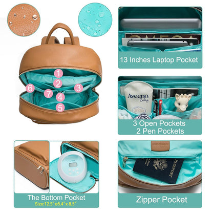 Diaper Bag Backpack, Diaper Bags Baby Diaper Bag 13 Pockets Leather Mini Baby Bag Backpack, Breast Pump Bag, 2 Insulated Pockets, Backpack Diaper Bag, Brown