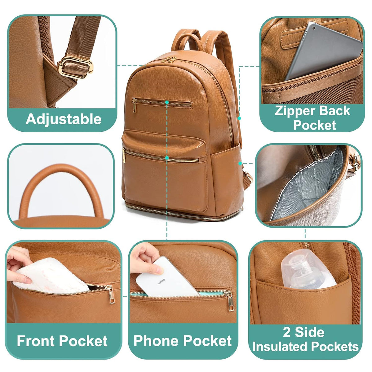 Diaper Bag Backpack, Diaper Bags Baby Diaper Bag 13 Pockets Leather Mini Baby Bag Backpack, Breast Pump Bag, 2 Insulated Pockets, Backpack Diaper Bag, Brown