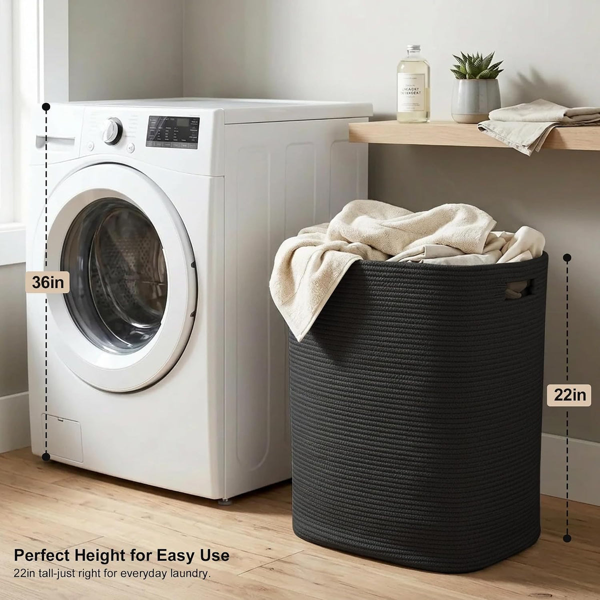 Large Laundry Hamper 16"x13"x22" - Tall Woven Laundry Basket, Cotton Rope Dirty Clothes Hamper, Baby Kids Nursery Wicker Laundry Basket, Bedroom Aesthetic, Soft Laundry Bin, White Hamper, 75L