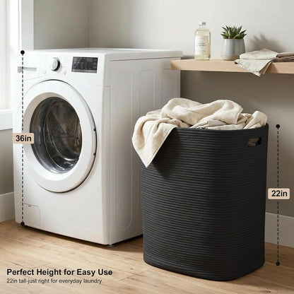 Large Laundry Hamper 16"x13"x22" - Tall Woven Laundry Basket, Cotton Rope Dirty Clothes Hamper, Baby Kids Nursery Wicker Laundry Basket, Bedroom Aesthetic, Soft Laundry Bin, White Hamper, 75L