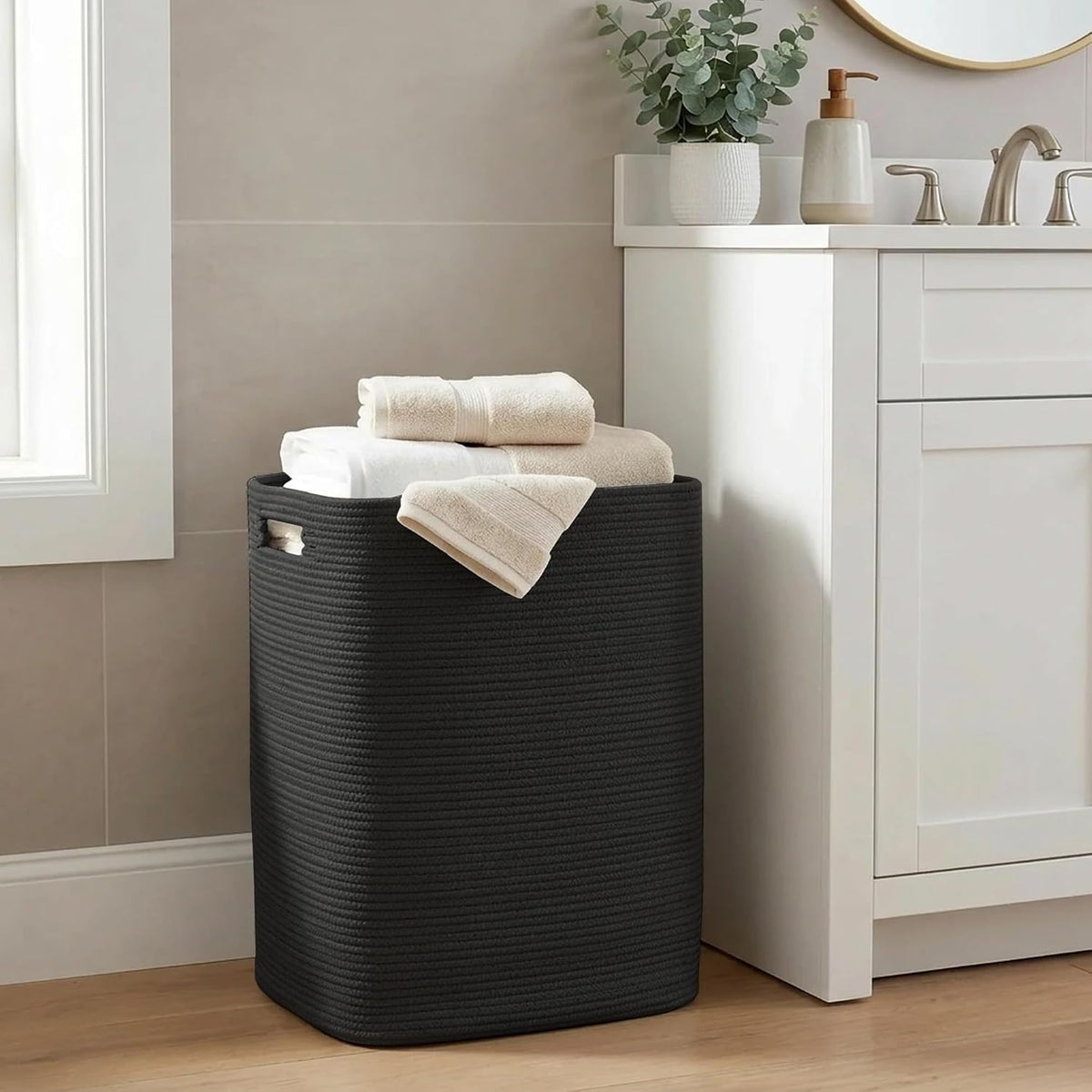 Large Laundry Hamper 16"x13"x22" - Tall Woven Laundry Basket, Cotton Rope Dirty Clothes Hamper, Baby Kids Nursery Wicker Laundry Basket, Bedroom Aesthetic, Soft Laundry Bin, White Hamper, 75L