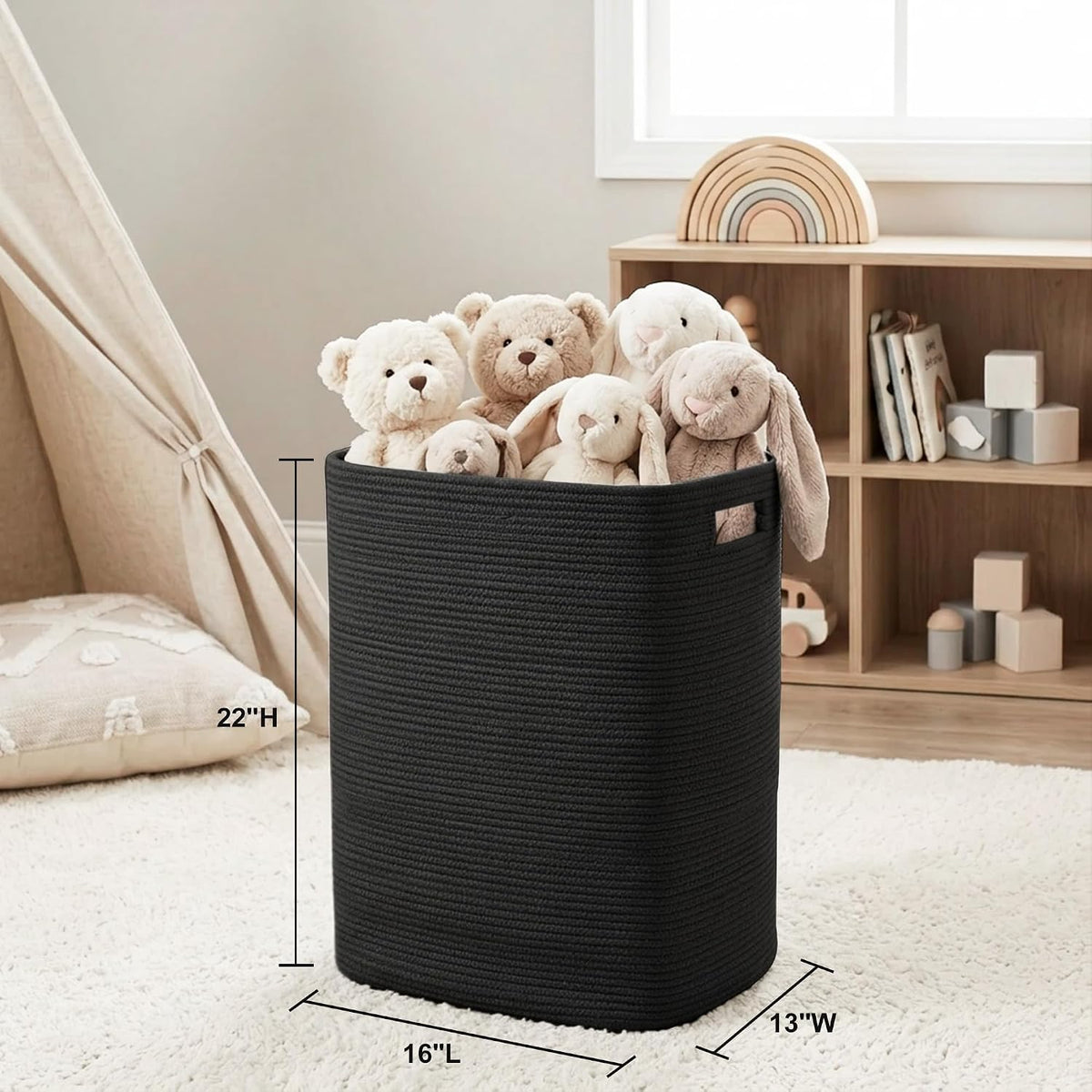 Large Laundry Hamper 16"x13"x22" - Tall Woven Laundry Basket, Cotton Rope Dirty Clothes Hamper, Baby Kids Nursery Wicker Laundry Basket, Bedroom Aesthetic, Soft Laundry Bin, White Hamper, 75L