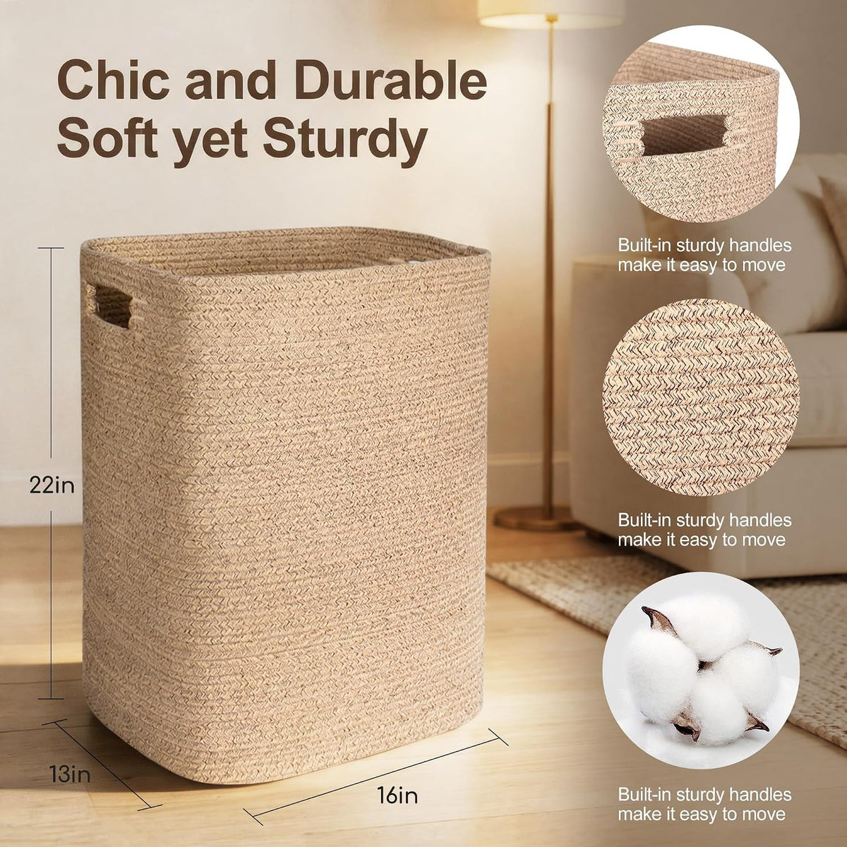 Large Laundry Hamper 16"x13"x22" - Tall Woven Laundry Basket, Cotton Rope Dirty Clothes Hamper, Baby Kids Nursery Wicker Laundry Basket, Bedroom Aesthetic, Soft Laundry Bin, White Hamper, 75L