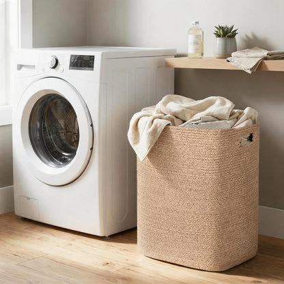 Large Laundry Hamper 16"x13"x22" - Tall Woven Laundry Basket, Cotton Rope Dirty Clothes Hamper, Baby Kids Nursery Wicker Laundry Basket, Bedroom Aesthetic, Soft Laundry Bin, White Hamper, 75L
