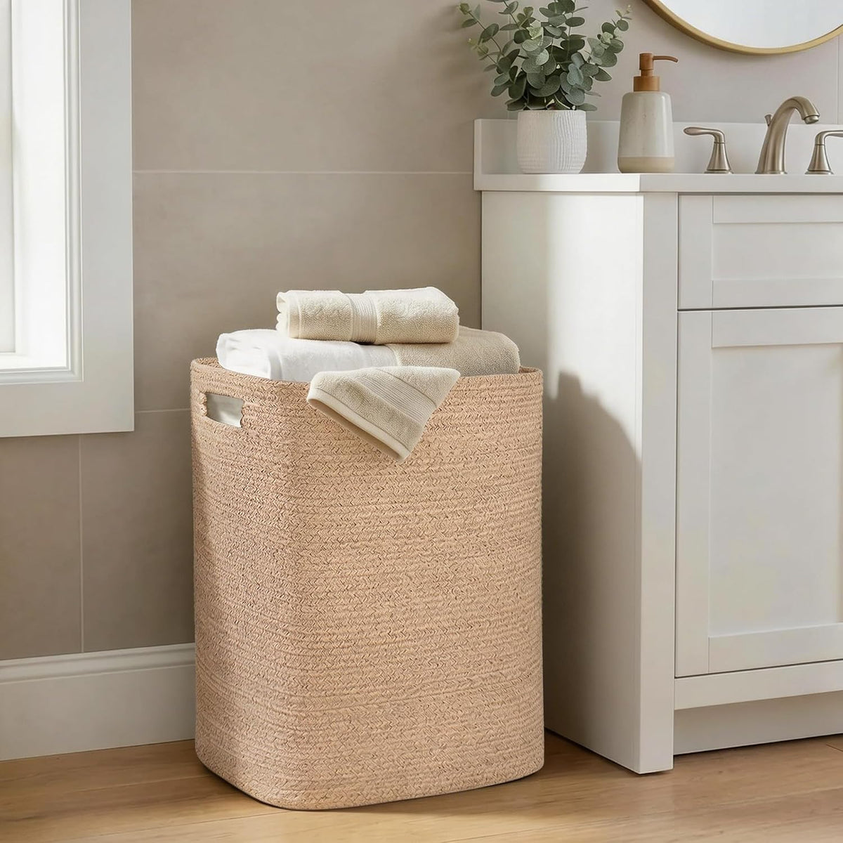 Large Laundry Hamper 16"x13"x22" - Tall Woven Laundry Basket, Cotton Rope Dirty Clothes Hamper, Baby Kids Nursery Wicker Laundry Basket, Bedroom Aesthetic, Soft Laundry Bin, White Hamper, 75L