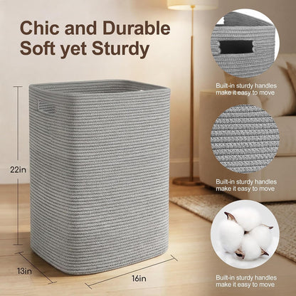 Large Laundry Hamper 16"x13"x22" - Tall Woven Laundry Basket, Cotton Rope Dirty Clothes Hamper, Baby Kids Nursery Wicker Laundry Basket, Bedroom Aesthetic, Soft Laundry Bin, White Hamper, 75L
