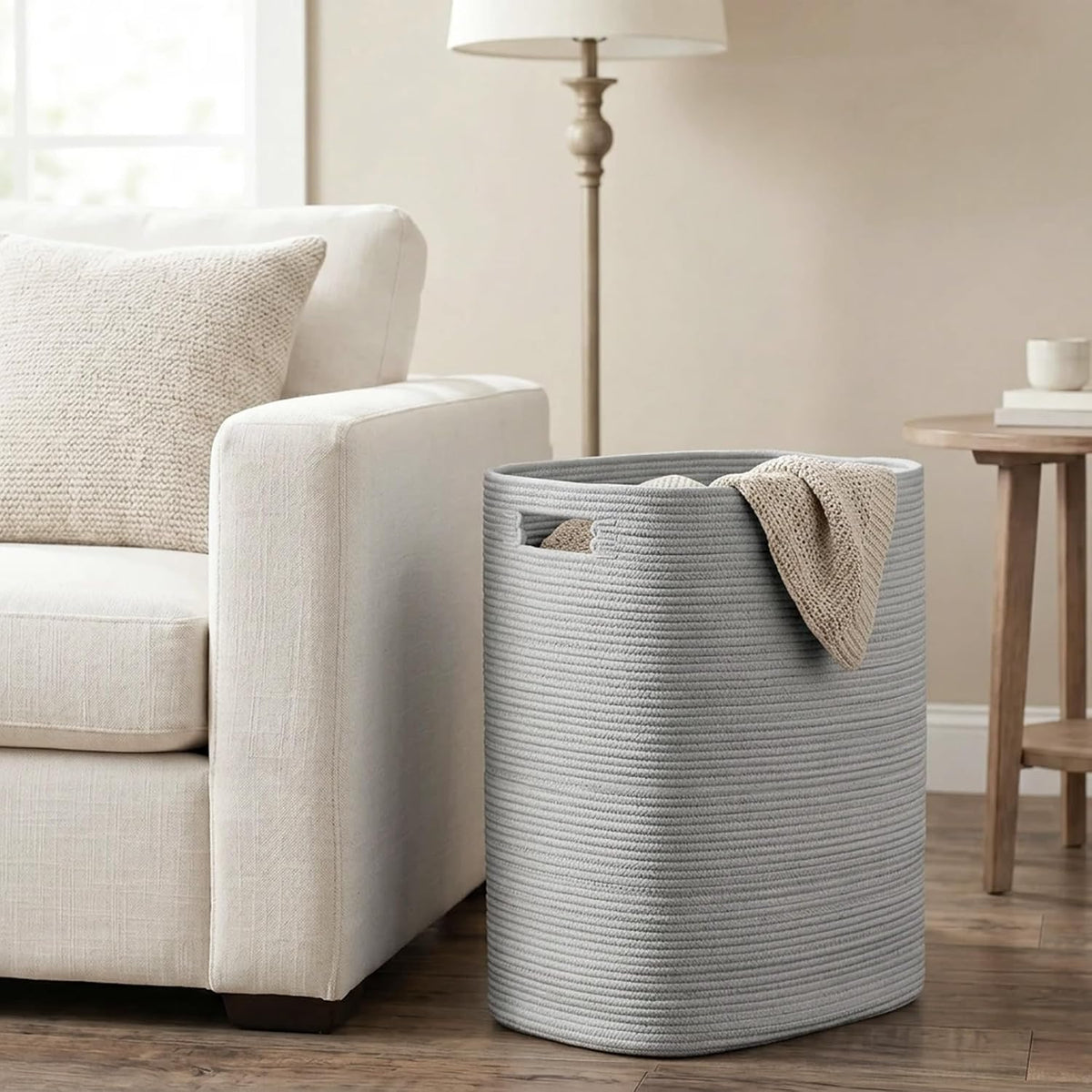 Large Laundry Hamper 16"x13"x22" - Tall Woven Laundry Basket, Cotton Rope Dirty Clothes Hamper, Baby Kids Nursery Wicker Laundry Basket, Bedroom Aesthetic, Soft Laundry Bin, White Hamper, 75L