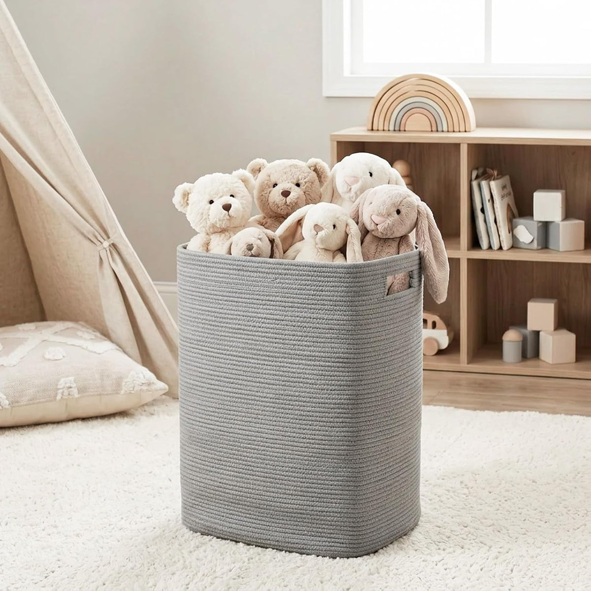 Large Laundry Hamper 16"x13"x22" - Tall Woven Laundry Basket, Cotton Rope Dirty Clothes Hamper, Baby Kids Nursery Wicker Laundry Basket, Bedroom Aesthetic, Soft Laundry Bin, White Hamper, 75L