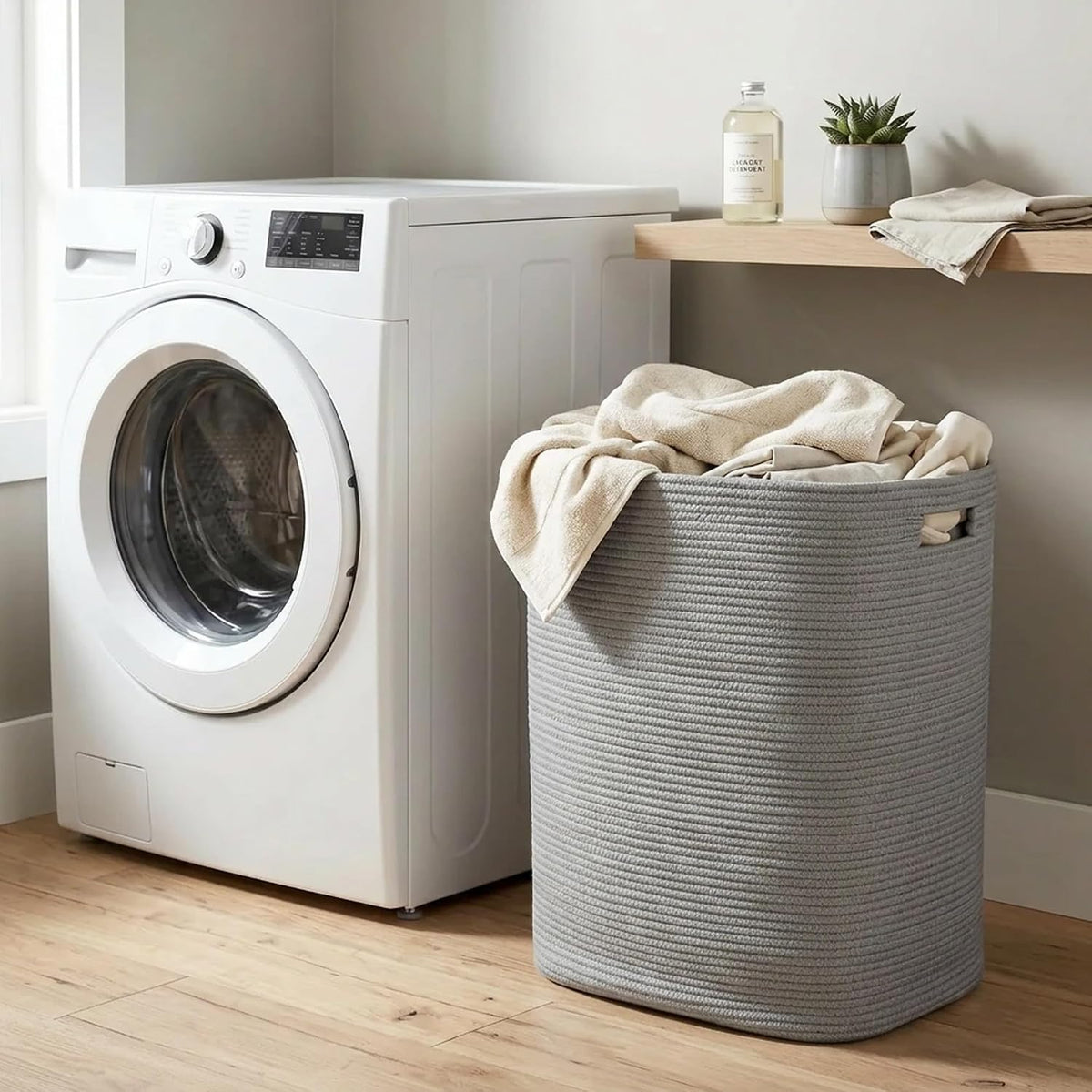 Large Laundry Hamper 16"x13"x22" - Tall Woven Laundry Basket, Cotton Rope Dirty Clothes Hamper, Baby Kids Nursery Wicker Laundry Basket, Bedroom Aesthetic, Soft Laundry Bin, White Hamper, 75L