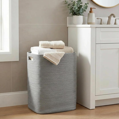 Large Laundry Hamper 16"x13"x22" - Tall Woven Laundry Basket, Cotton Rope Dirty Clothes Hamper, Baby Kids Nursery Wicker Laundry Basket, Bedroom Aesthetic, Soft Laundry Bin, White Hamper, 75L