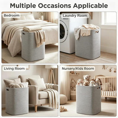 Large Laundry Hamper 16"x13"x22" - Tall Woven Laundry Basket, Cotton Rope Dirty Clothes Hamper, Baby Kids Nursery Wicker Laundry Basket, Bedroom Aesthetic, Soft Laundry Bin, White Hamper, 75L