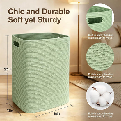 Large Laundry Hamper 16"x13"x22" - Tall Woven Laundry Basket, Cotton Rope Dirty Clothes Hamper, Baby Kids Nursery Wicker Laundry Basket, Bedroom Aesthetic, Soft Laundry Bin, White Hamper, 75L