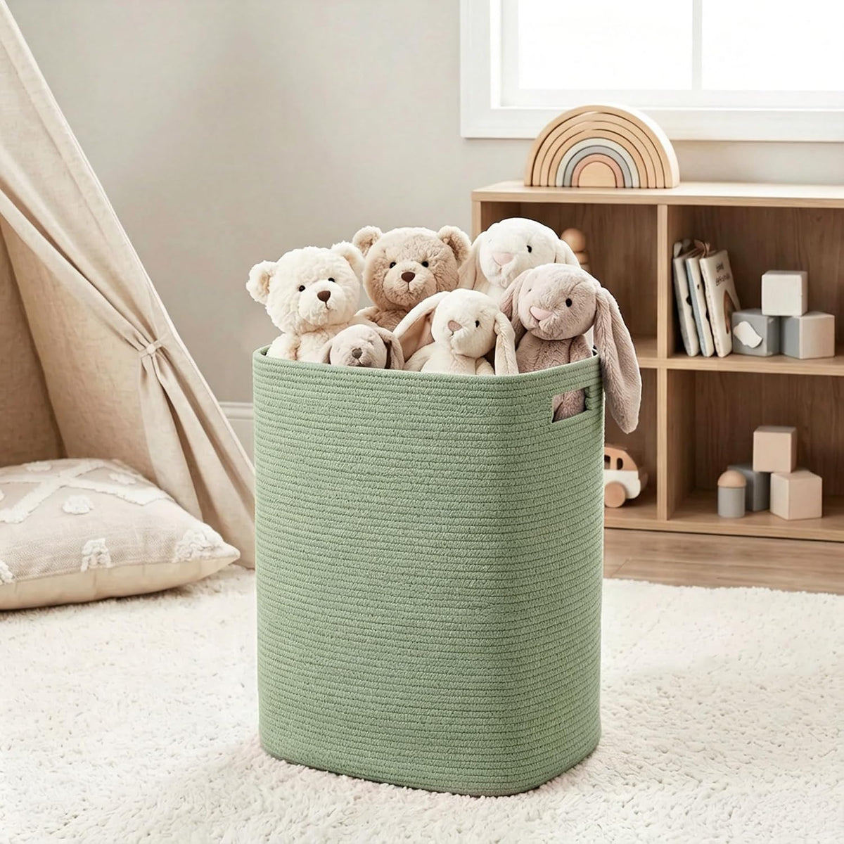 Large Laundry Hamper 16"x13"x22" - Tall Woven Laundry Basket, Cotton Rope Dirty Clothes Hamper, Baby Kids Nursery Wicker Laundry Basket, Bedroom Aesthetic, Soft Laundry Bin, White Hamper, 75L