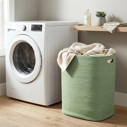 Large Laundry Hamper 16"x13"x22" - Tall Woven Laundry Basket, Cotton Rope Dirty Clothes Hamper, Baby Kids Nursery Wicker Laundry Basket, Bedroom Aesthetic, Soft Laundry Bin, White Hamper, 75L