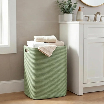 Large Laundry Hamper 16"x13"x22" - Tall Woven Laundry Basket, Cotton Rope Dirty Clothes Hamper, Baby Kids Nursery Wicker Laundry Basket, Bedroom Aesthetic, Soft Laundry Bin, White Hamper, 75L