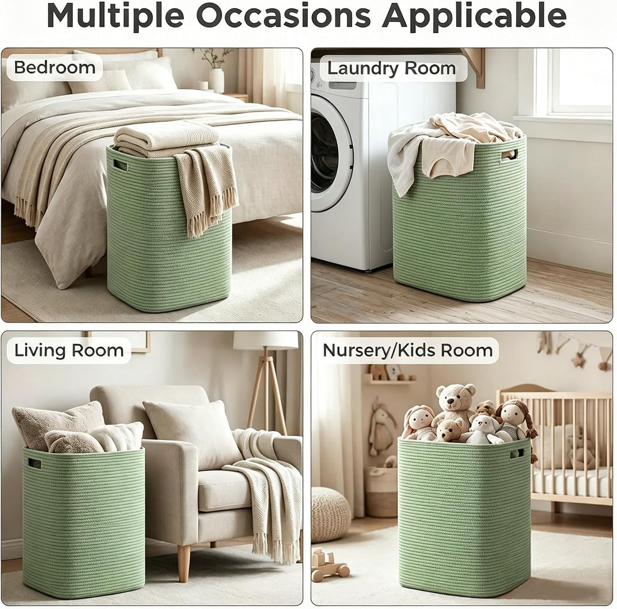 Large Laundry Hamper 16"x13"x22" - Tall Woven Laundry Basket, Cotton Rope Dirty Clothes Hamper, Baby Kids Nursery Wicker Laundry Basket, Bedroom Aesthetic, Soft Laundry Bin, White Hamper, 75L