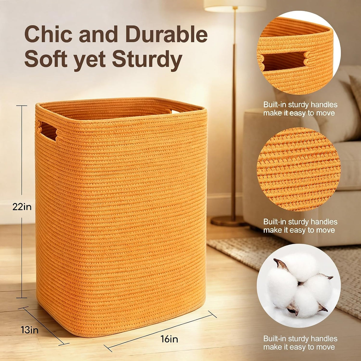 Large Laundry Hamper 16"x13"x22" - Tall Woven Laundry Basket, Cotton Rope Dirty Clothes Hamper, Baby Kids Nursery Wicker Laundry Basket, Bedroom Aesthetic, Soft Laundry Bin, White Hamper, 75L