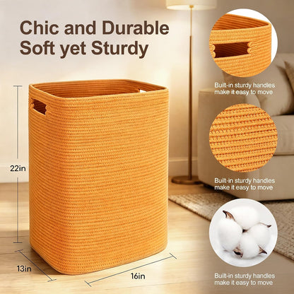 Large Laundry Hamper 16"x13"x22" - Tall Woven Laundry Basket, Cotton Rope Dirty Clothes Hamper, Baby Kids Nursery Wicker Laundry Basket, Bedroom Aesthetic, Soft Laundry Bin, White Hamper, 75L