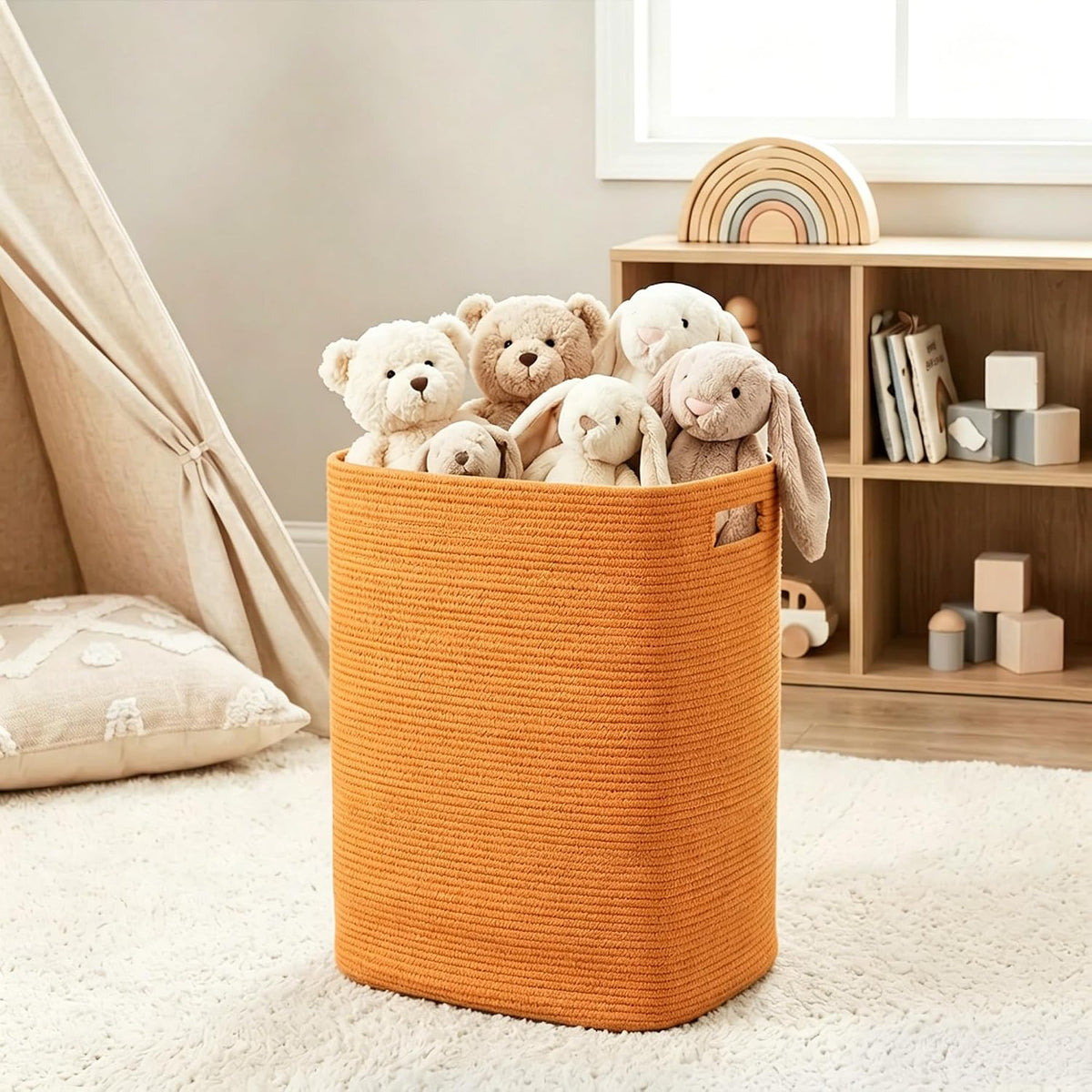 Large Laundry Hamper 16"x13"x22" - Tall Woven Laundry Basket, Cotton Rope Dirty Clothes Hamper, Baby Kids Nursery Wicker Laundry Basket, Bedroom Aesthetic, Soft Laundry Bin, White Hamper, 75L