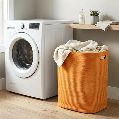 Large Laundry Hamper 16"x13"x22" - Tall Woven Laundry Basket, Cotton Rope Dirty Clothes Hamper, Baby Kids Nursery Wicker Laundry Basket, Bedroom Aesthetic, Soft Laundry Bin, White Hamper, 75L