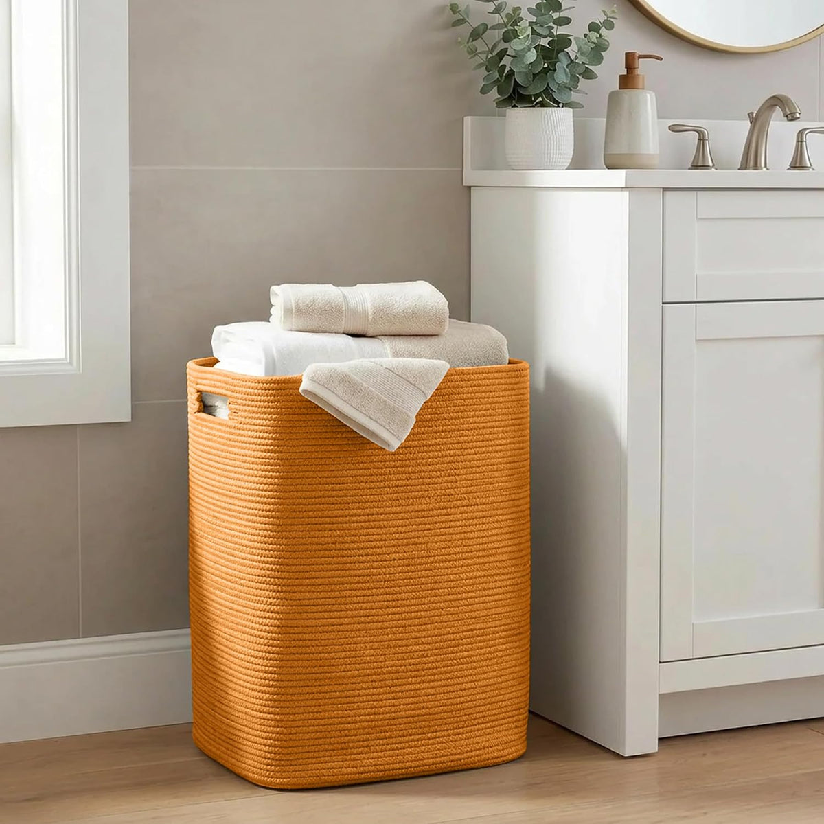 Large Laundry Hamper 16"x13"x22" - Tall Woven Laundry Basket, Cotton Rope Dirty Clothes Hamper, Baby Kids Nursery Wicker Laundry Basket, Bedroom Aesthetic, Soft Laundry Bin, White Hamper, 75L
