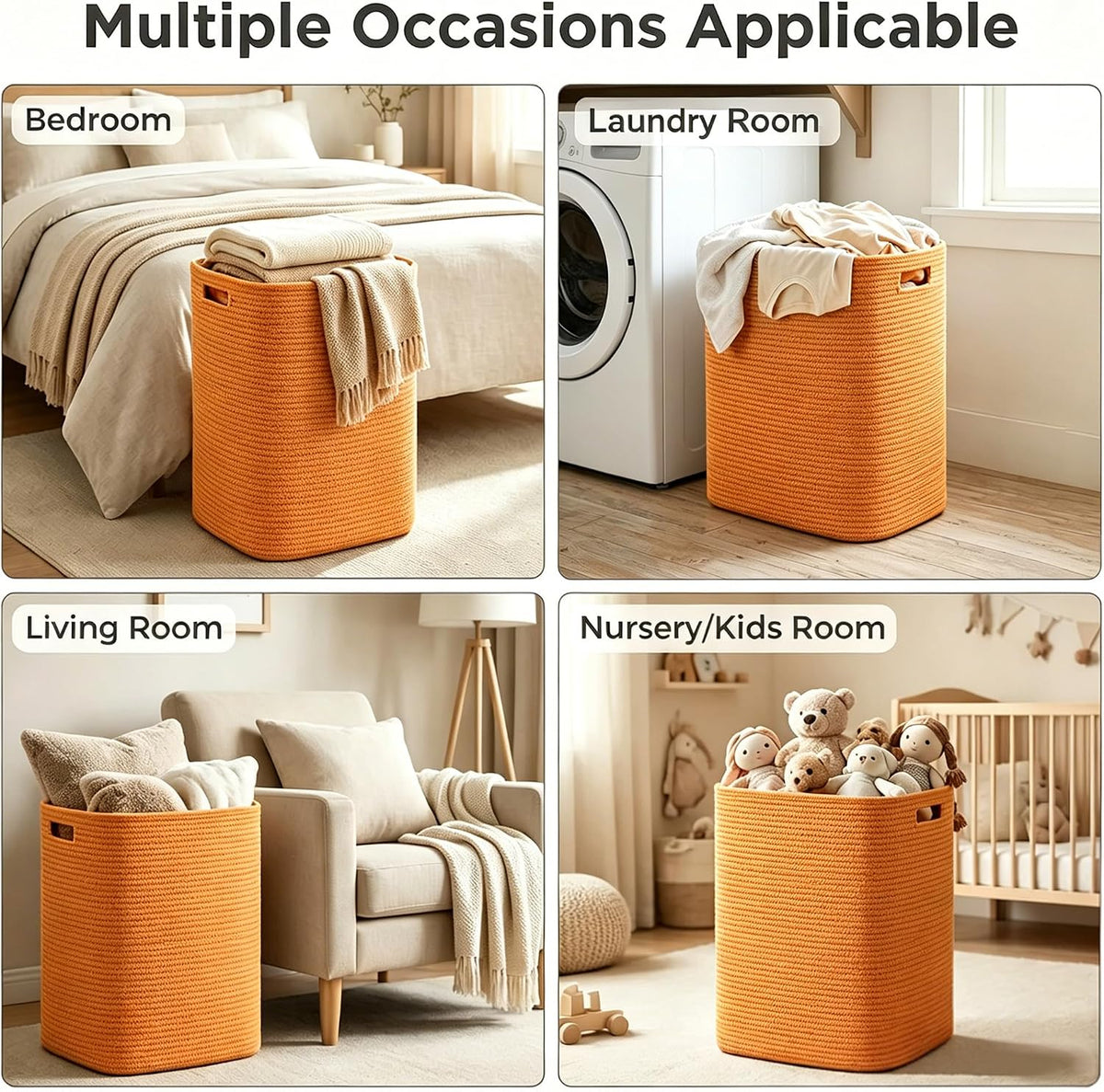 Large Laundry Hamper 16"x13"x22" - Tall Woven Laundry Basket, Cotton Rope Dirty Clothes Hamper, Baby Kids Nursery Wicker Laundry Basket, Bedroom Aesthetic, Soft Laundry Bin, White Hamper, 75L