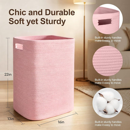 Large Laundry Hamper 16"x13"x22" - Tall Woven Laundry Basket, Cotton Rope Dirty Clothes Hamper, Baby Kids Nursery Wicker Laundry Basket, Bedroom Aesthetic, Soft Laundry Bin, White Hamper, 75L