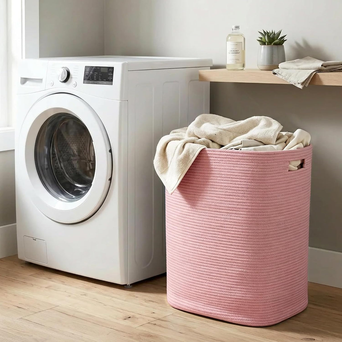Large Laundry Hamper 16"x13"x22" - Tall Woven Laundry Basket, Cotton Rope Dirty Clothes Hamper, Baby Kids Nursery Wicker Laundry Basket, Bedroom Aesthetic, Soft Laundry Bin, White Hamper, 75L