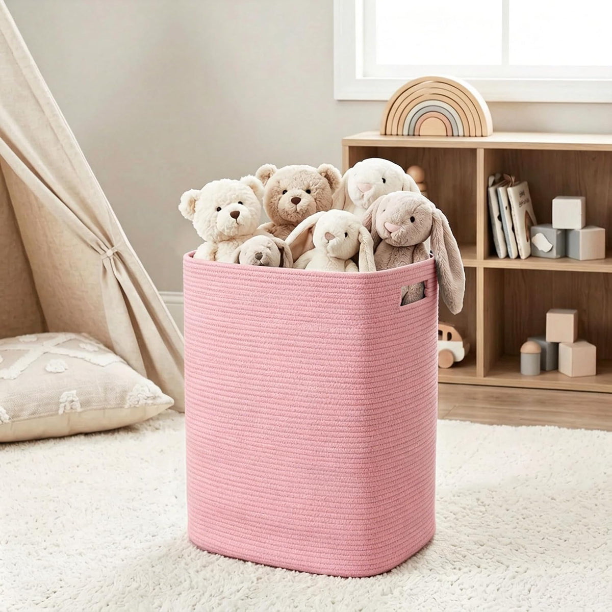 Large Laundry Hamper 16"x13"x22" - Tall Woven Laundry Basket, Cotton Rope Dirty Clothes Hamper, Baby Kids Nursery Wicker Laundry Basket, Bedroom Aesthetic, Soft Laundry Bin, White Hamper, 75L