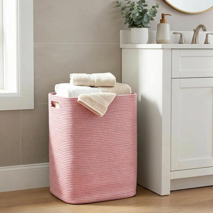 Large Laundry Hamper 16"x13"x22" - Tall Woven Laundry Basket, Cotton Rope Dirty Clothes Hamper, Baby Kids Nursery Wicker Laundry Basket, Bedroom Aesthetic, Soft Laundry Bin, White Hamper, 75L