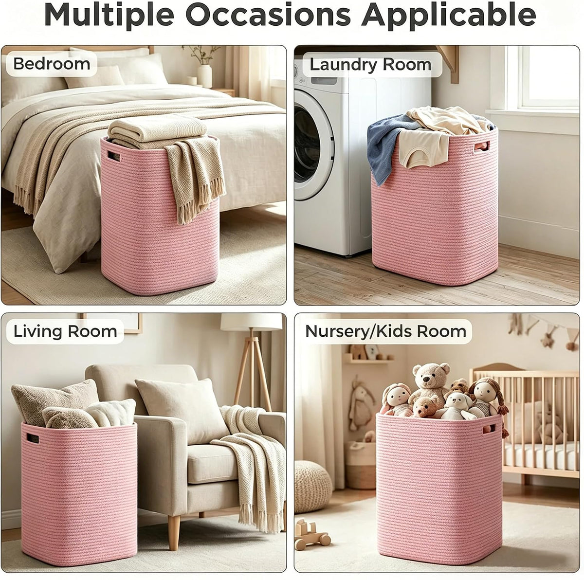 Large Laundry Hamper 16"x13"x22" - Tall Woven Laundry Basket, Cotton Rope Dirty Clothes Hamper, Baby Kids Nursery Wicker Laundry Basket, Bedroom Aesthetic, Soft Laundry Bin, White Hamper, 75L