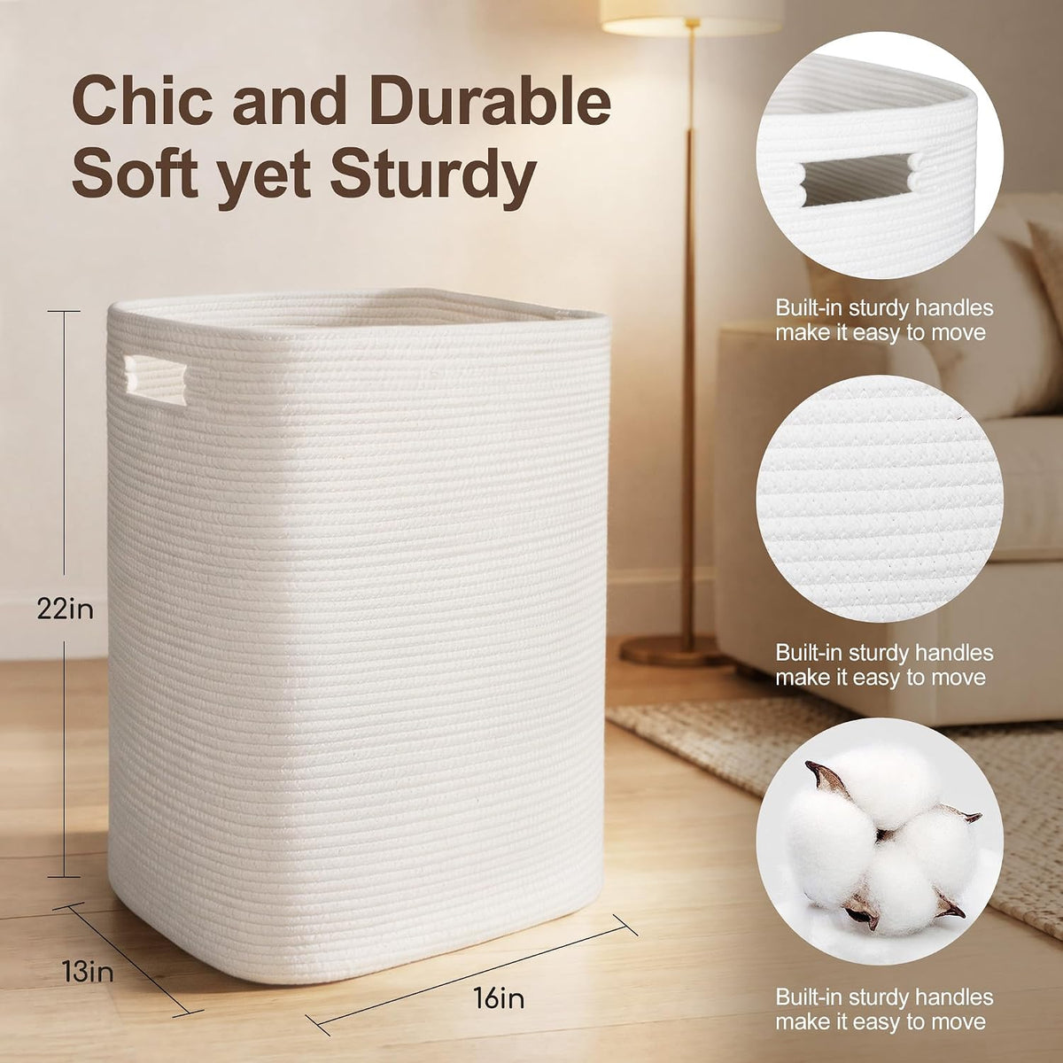 Large Laundry Hamper 16"x13"x22" - Tall Woven Laundry Basket, Cotton Rope Dirty Clothes Hamper, Baby Kids Nursery Wicker Laundry Basket, Bedroom Aesthetic, Soft Laundry Bin, White Hamper, 75L