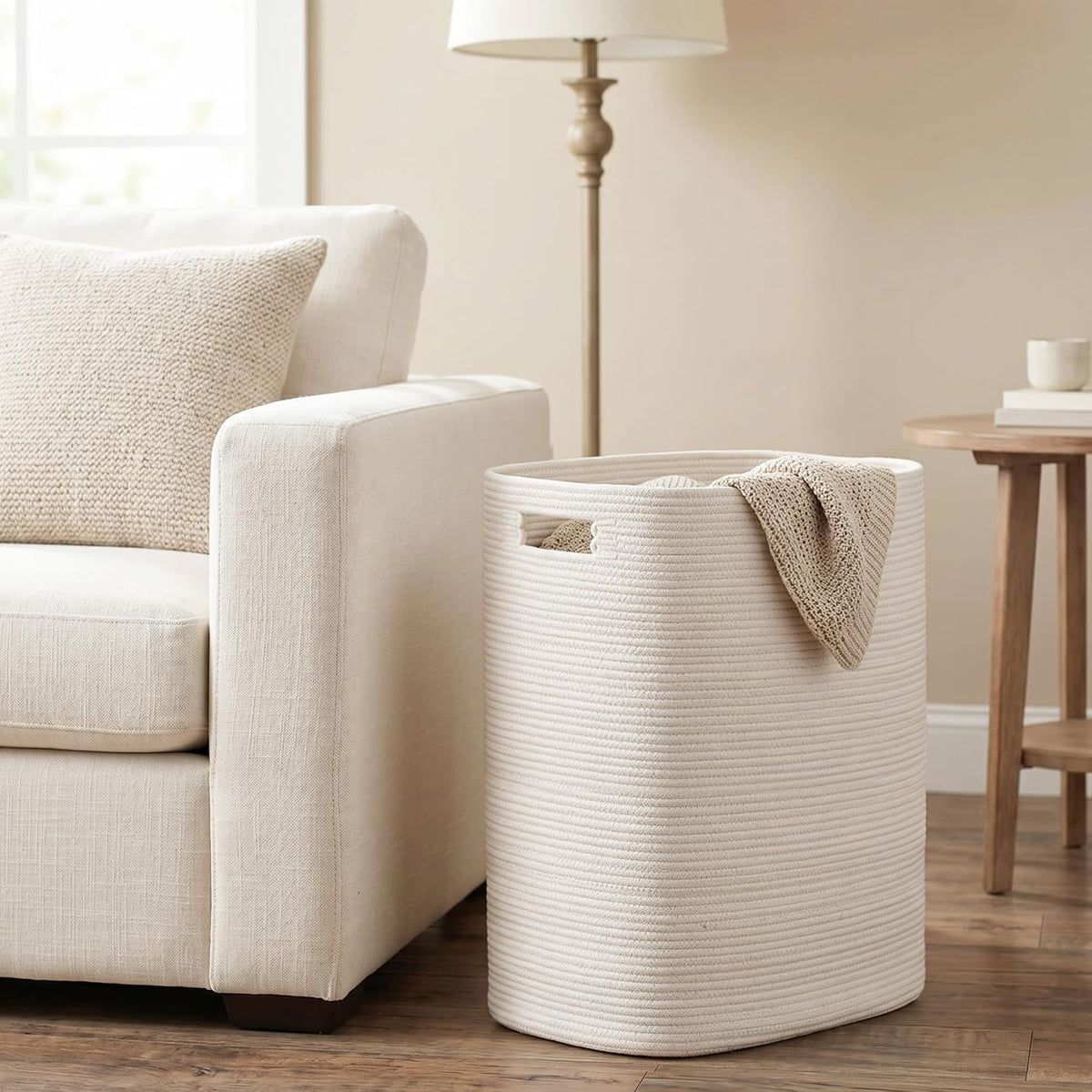Large Laundry Hamper 16"x13"x22" - Tall Woven Laundry Basket, Cotton Rope Dirty Clothes Hamper, Baby Kids Nursery Wicker Laundry Basket, Bedroom Aesthetic, Soft Laundry Bin, White Hamper, 75L