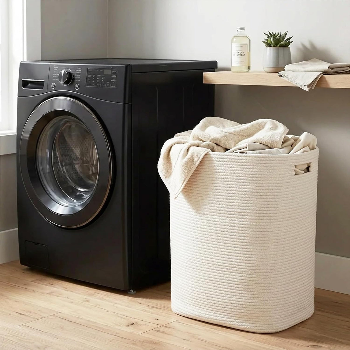 Large Laundry Hamper 16"x13"x22" - Tall Woven Laundry Basket, Cotton Rope Dirty Clothes Hamper, Baby Kids Nursery Wicker Laundry Basket, Bedroom Aesthetic, Soft Laundry Bin, White Hamper, 75L