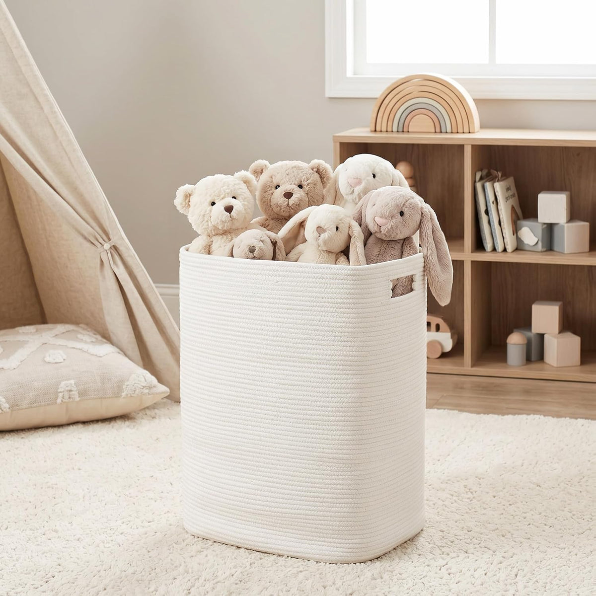 Large Laundry Hamper 16"x13"x22" - Tall Woven Laundry Basket, Cotton Rope Dirty Clothes Hamper, Baby Kids Nursery Wicker Laundry Basket, Bedroom Aesthetic, Soft Laundry Bin, White Hamper, 75L