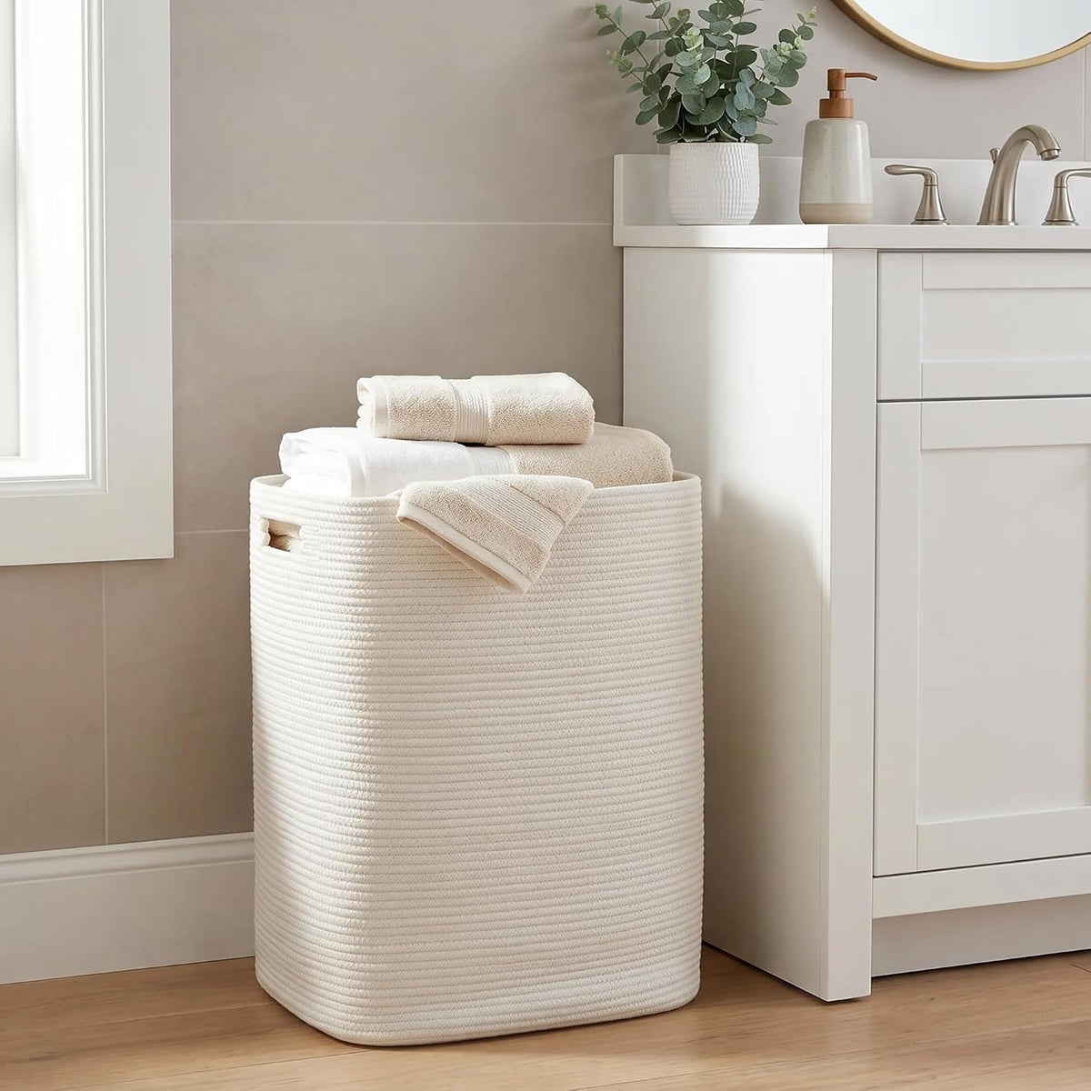 Large Laundry Hamper 16"x13"x22" - Tall Woven Laundry Basket, Cotton Rope Dirty Clothes Hamper, Baby Kids Nursery Wicker Laundry Basket, Bedroom Aesthetic, Soft Laundry Bin, White Hamper, 75L