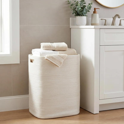 Large Laundry Hamper 16"x13"x22" - Tall Woven Laundry Basket, Cotton Rope Dirty Clothes Hamper, Baby Kids Nursery Wicker Laundry Basket, Bedroom Aesthetic, Soft Laundry Bin, White Hamper, 75L