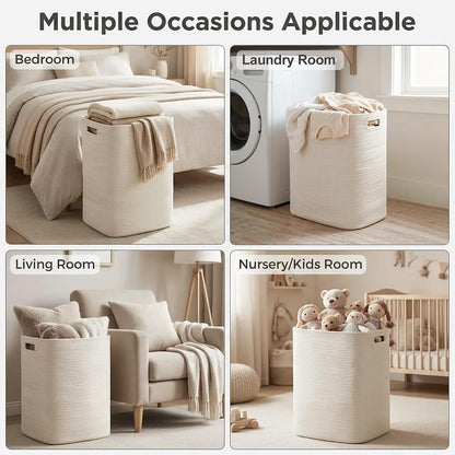 Large Laundry Hamper 16"x13"x22" - Tall Woven Laundry Basket, Cotton Rope Dirty Clothes Hamper, Baby Kids Nursery Wicker Laundry Basket, Bedroom Aesthetic, Soft Laundry Bin, White Hamper, 75L