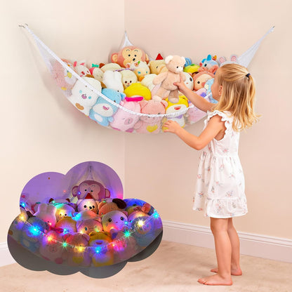 Stuffed Animals Hammock with LED Light Large Plush Toy Net Organizer Corner Stuffed Animals Storage Hanging Holder for Soft Toys Space-Saving Nursery Playroom Bedroom Decor